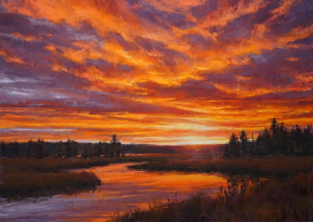 PleinAir Magazine's 10th Annual March 2021 PleinAir Salon Winner Aaron Schuerr Yellowstone Sunset Best Nocturne Sunrise Sunset