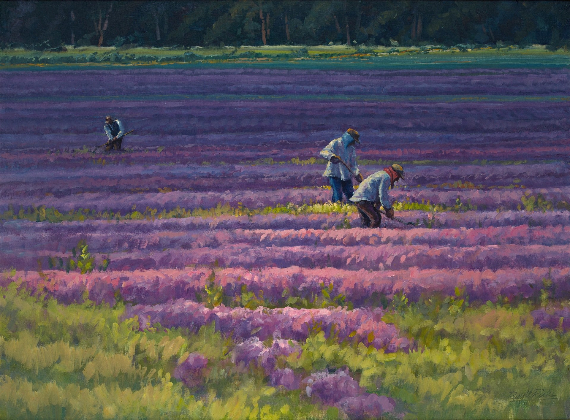 PleinAir Magazine's 12th Annual PleinAir Salon July 2022 Top 100 Russell Ricks Farm Workers In A Lavender Field Figure & Portrait