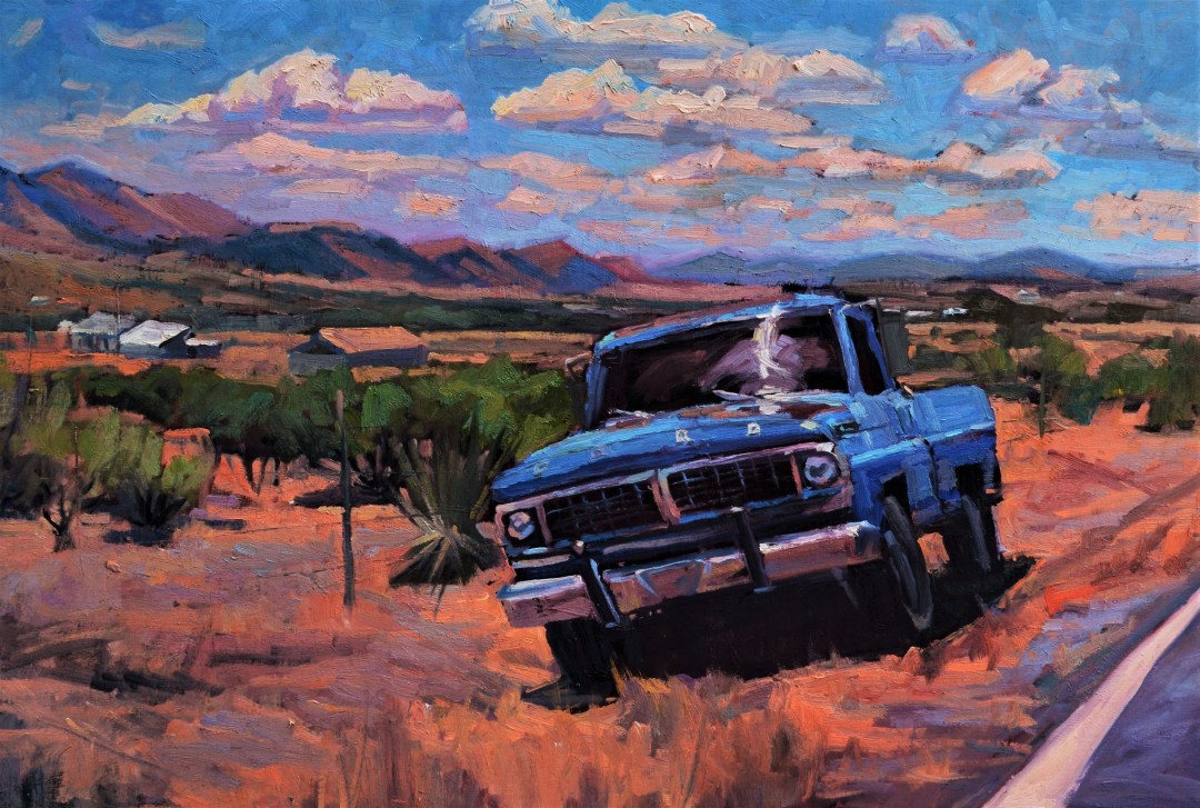 12th Annual PleinAir Salon Art Competition Annual Awards Semi-Finalist Christopher Alvarez Gila Blue Truck in Southwest Landscape Oil Painting