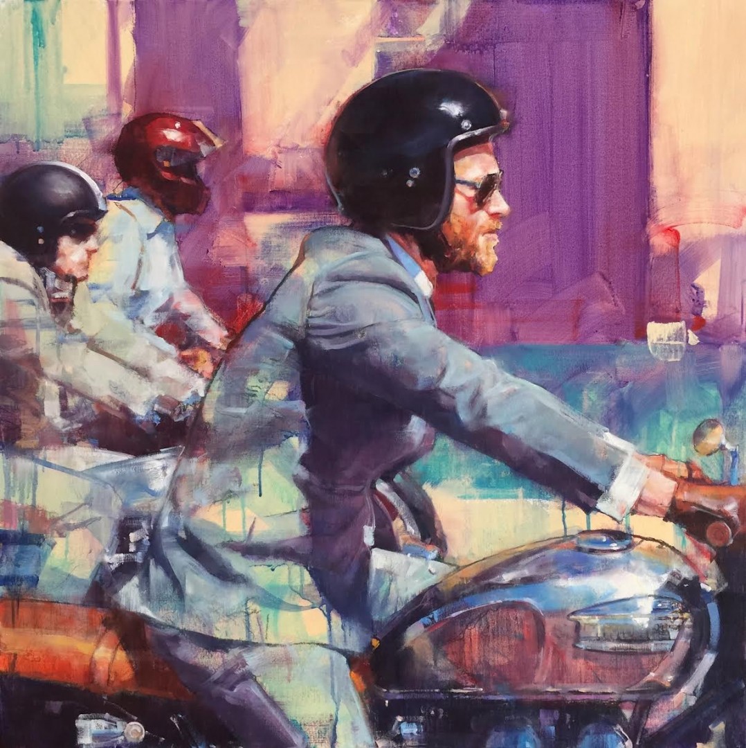 12th Annual PleinAir Salon Art Competition Annual Awards Semi-Finalist Luis Azon Triumph Bonneville Male on Motorcycle Figure Oil Painting