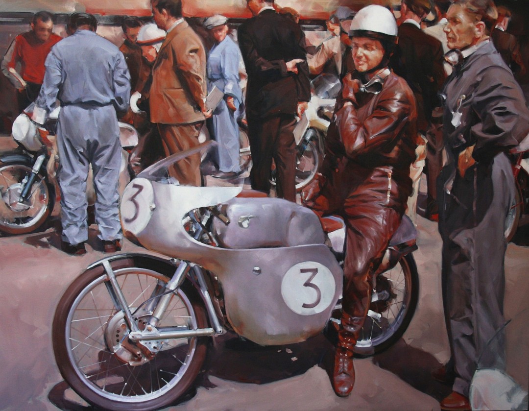 12th Annual PleinAir Salon Art Competition Annual Awards Semi-Finalist Luis Azon The Start of a Motorcycle Race Figure on Motorcycle Oil Painting
