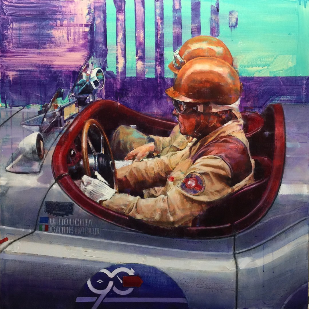 12th Annual PleinAir Salon Art Competition Annual Awards Semi-Finalist Luis Azon Mille Miglia Figure in Car Oil Painting