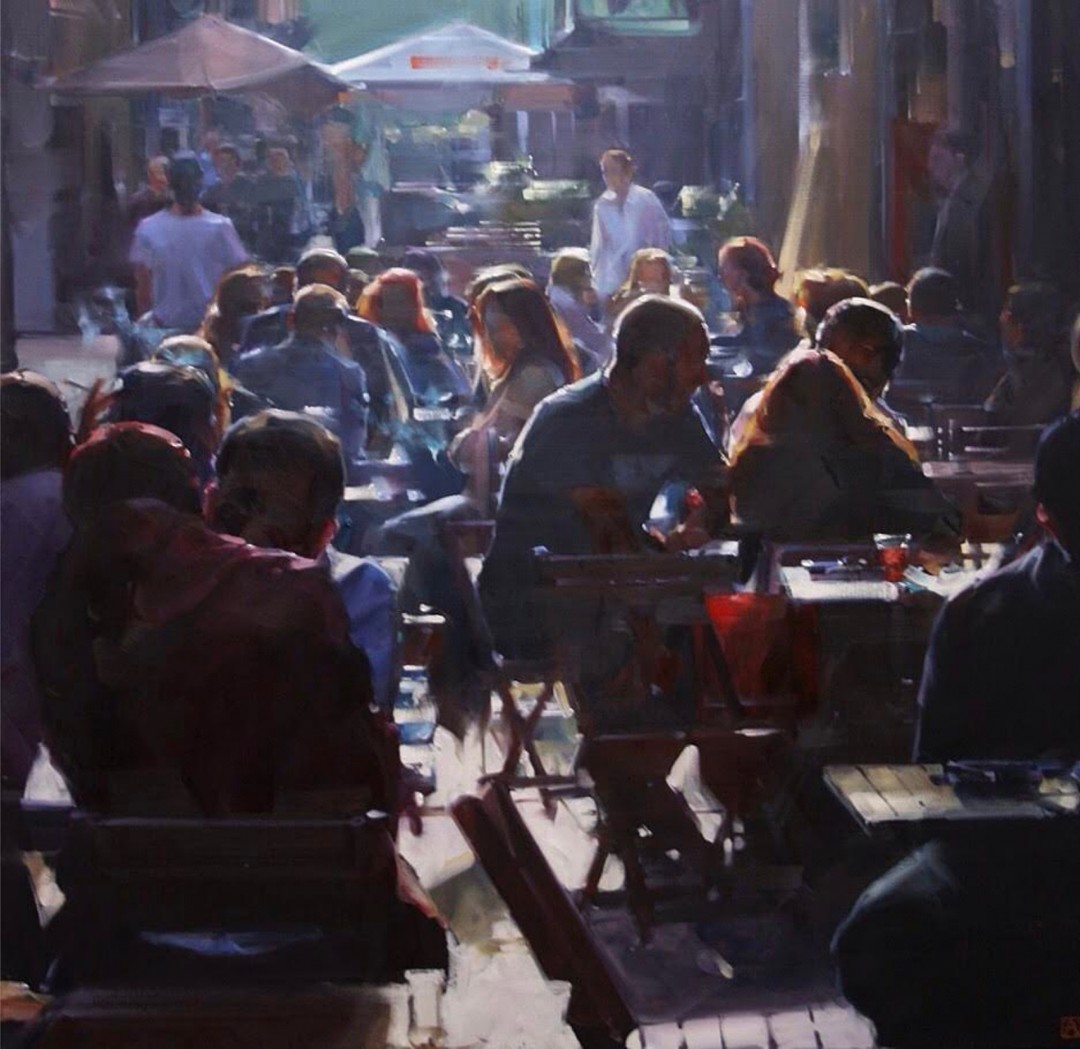 12th Annual PleinAir Salon Art Competition Annual Awards Semi-Finalist Luis Azon Late Afternoon Spain Sunlight on Figure Dining Oil Painting