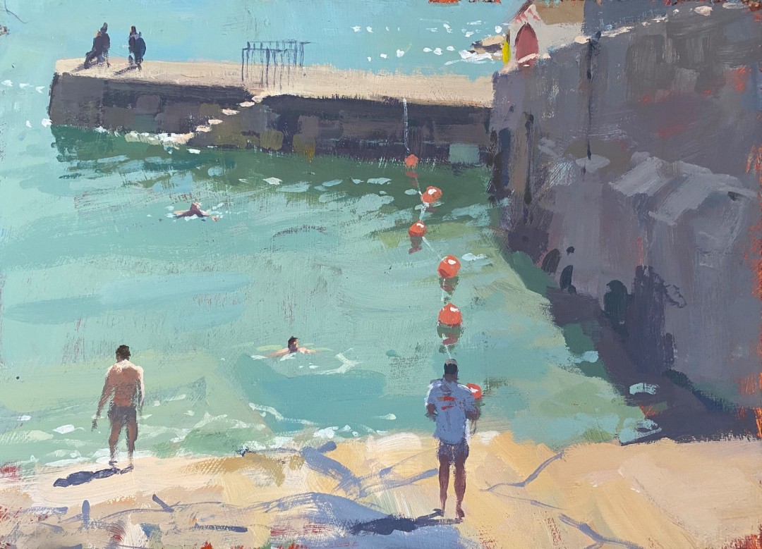 12th Annual PleinAir Salon Art Competition Annual Awards Semi-Finalist Steve Browning Colliemore Harbor Waterscape with Figures Acrylic Painting