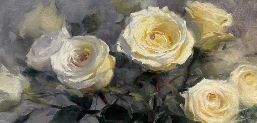12th Annual PleinAir Salon Art Competition Annual Awards Semi-Finalist Olena Babak My Favorite Roses Close Up Still Life of White Roses Oil Painting