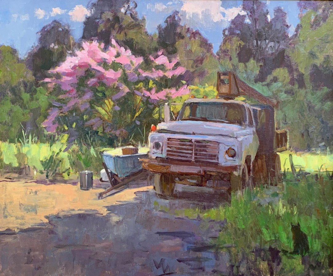 12th Annual PleinAir Salon Art Competition Annual Awards Semi-Finalist Alison Barry A Shady Spot Oil Truck with Pink Tree Oil Landscape Painting