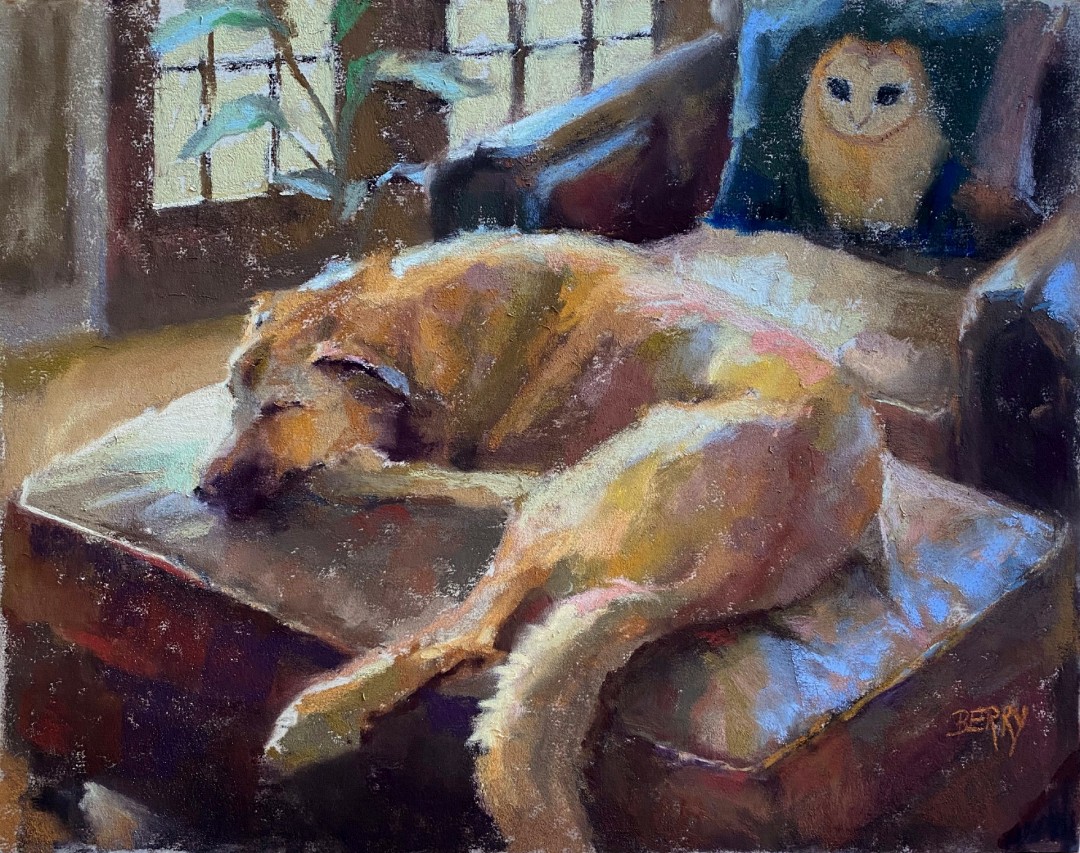 12th Annual PleinAir Salon Art Competition Annual Awards Semi-Finalist Barbara Berry New Year's Nap Dog Sleeping on Ottoman Oil Painting
