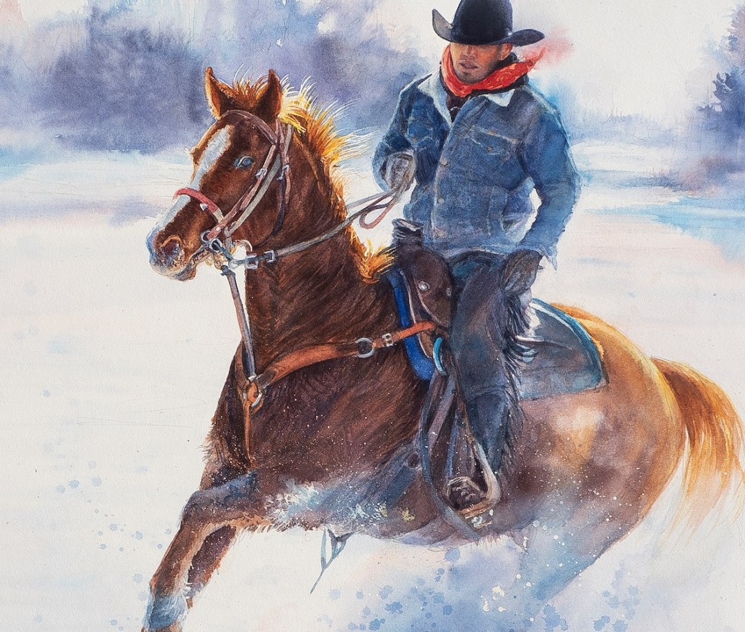 12th Annual PleinAir Salon Art Competition Annual Awards Semi-Finalist Crystal Beshara Cuttin' Loose Man Riding Horse in Snow Watercolor Painting