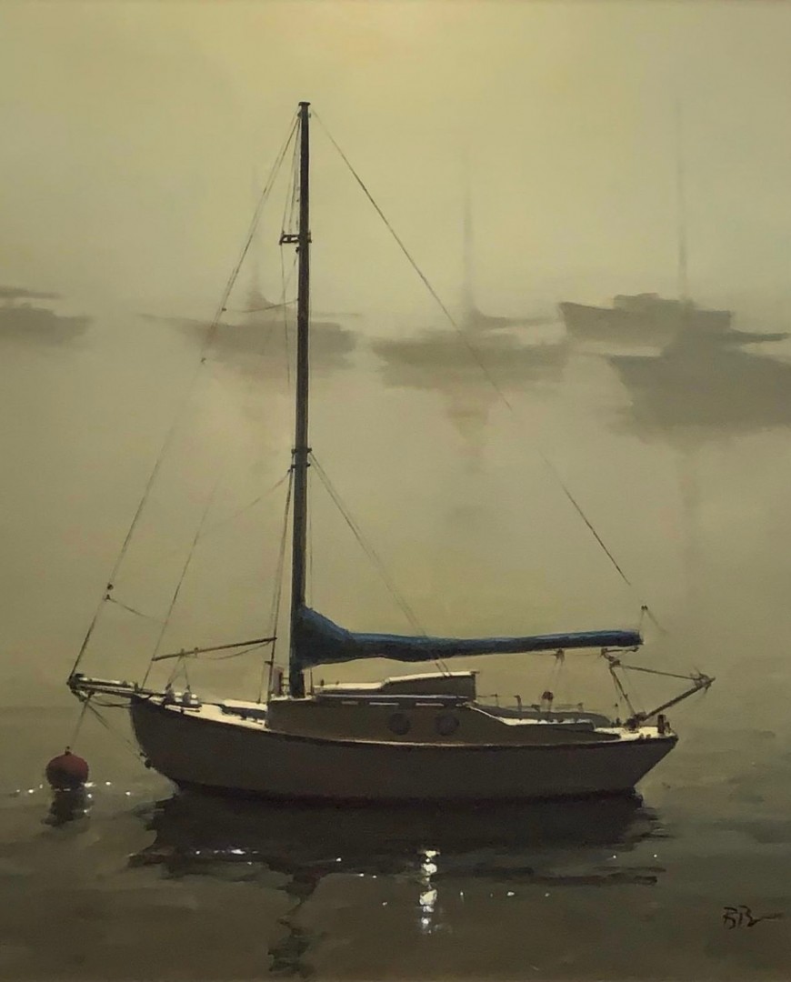 12th Annual PleinAir Salon Art Competition Annual Awards Semi-Finalist Brian Blood Morning Fog, Monterey Sailboat in Harbor with Fog Oil Painting
