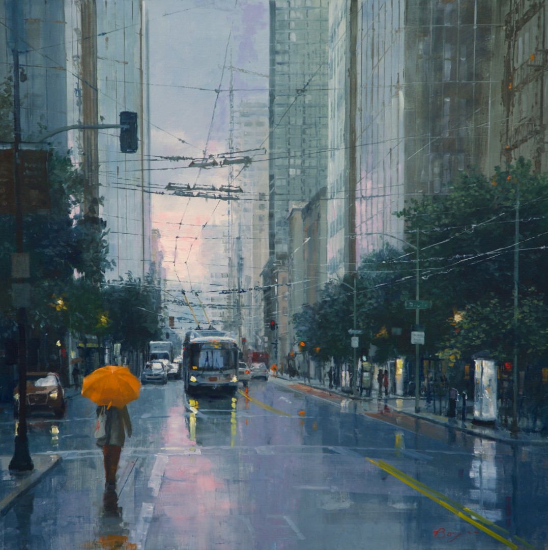 12th Annual PleinAir Salon Art Competition Annual Awards Semi-Finalist Richard Boyer Overhead Wires Rainy Day Cityscape Oil Painting