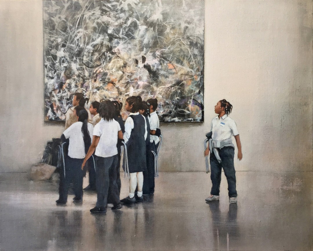 12th Annual PleinAir Salon Art Competition Annual Awards Semi-Finalist J.M. Brodrick The Jackson Pollock children in museum with Pollock Painting Oil Painting
