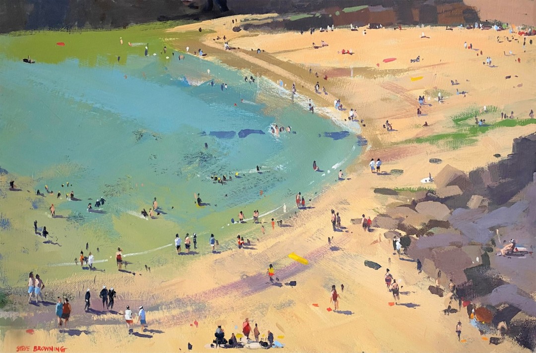 12th Annual PleinAir Salon Art Competition Annual Awards Semi-Finalist Steve Browning Low Tide Dunmore East Aerial Beachscape Acrylic Painting