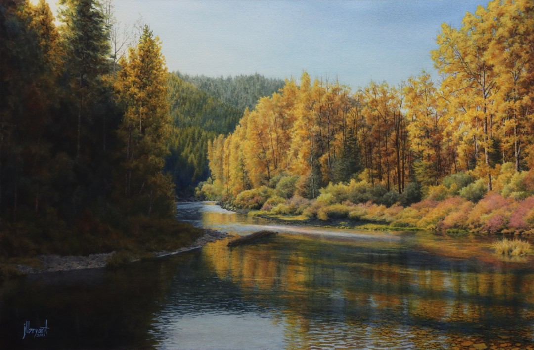 12th Annual PleinAir Salon Art Competition Annual Awards Semi-Finalist Jessica Bryant Autumn on the Little North Fork Realist Fall Waterscape Watercolor Painting