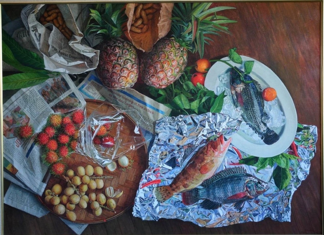 12th Annual PleinAir Salon Art Competition Annual Awards Semi-Finalist Carlos Cadid Pineapple Fish Fruit and Newspaper Still Life Gouache Painting