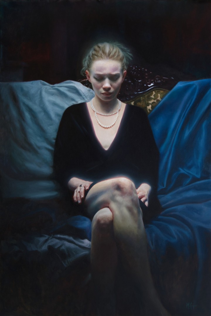 12th Annual PleinAir Salon Art Competition Annual Awards Semi-Finalist Marco Campos Grief Female Figure in Black Dress on Couch Oil Painting