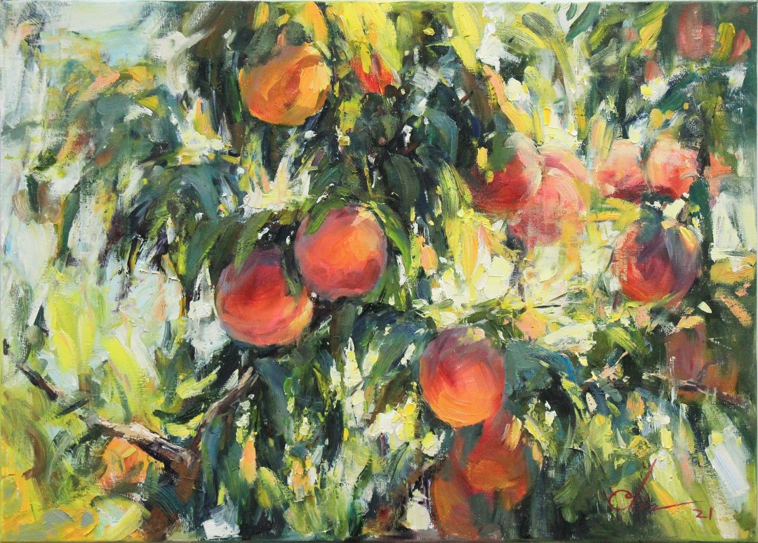 12th Annual PleinAir Salon Art Competition Annual Awards Semi-Finalist Serhii Cherniakovsky Peaches Outdoor Still Life of Peach Tree Oil Painting