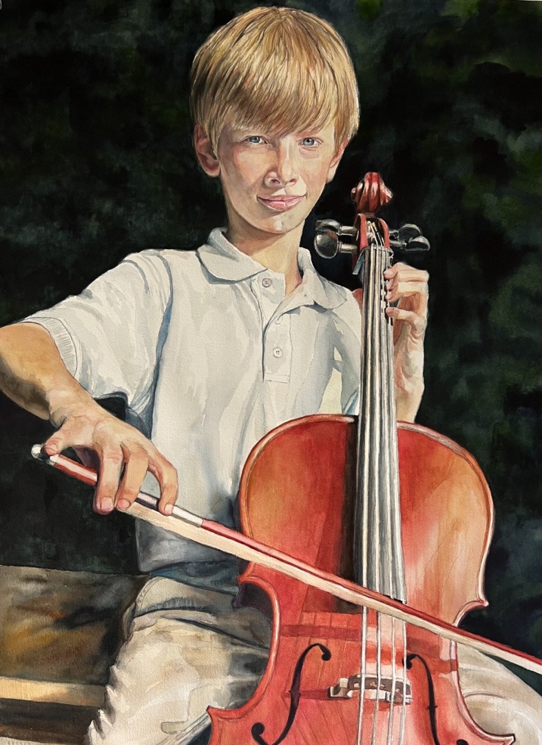 12th Annual PleinAir Salon Art Competition Annual Awards Semi-Finalist Wyn Ericson Cello Practice Child with Cello Realist Watercolor Painting
