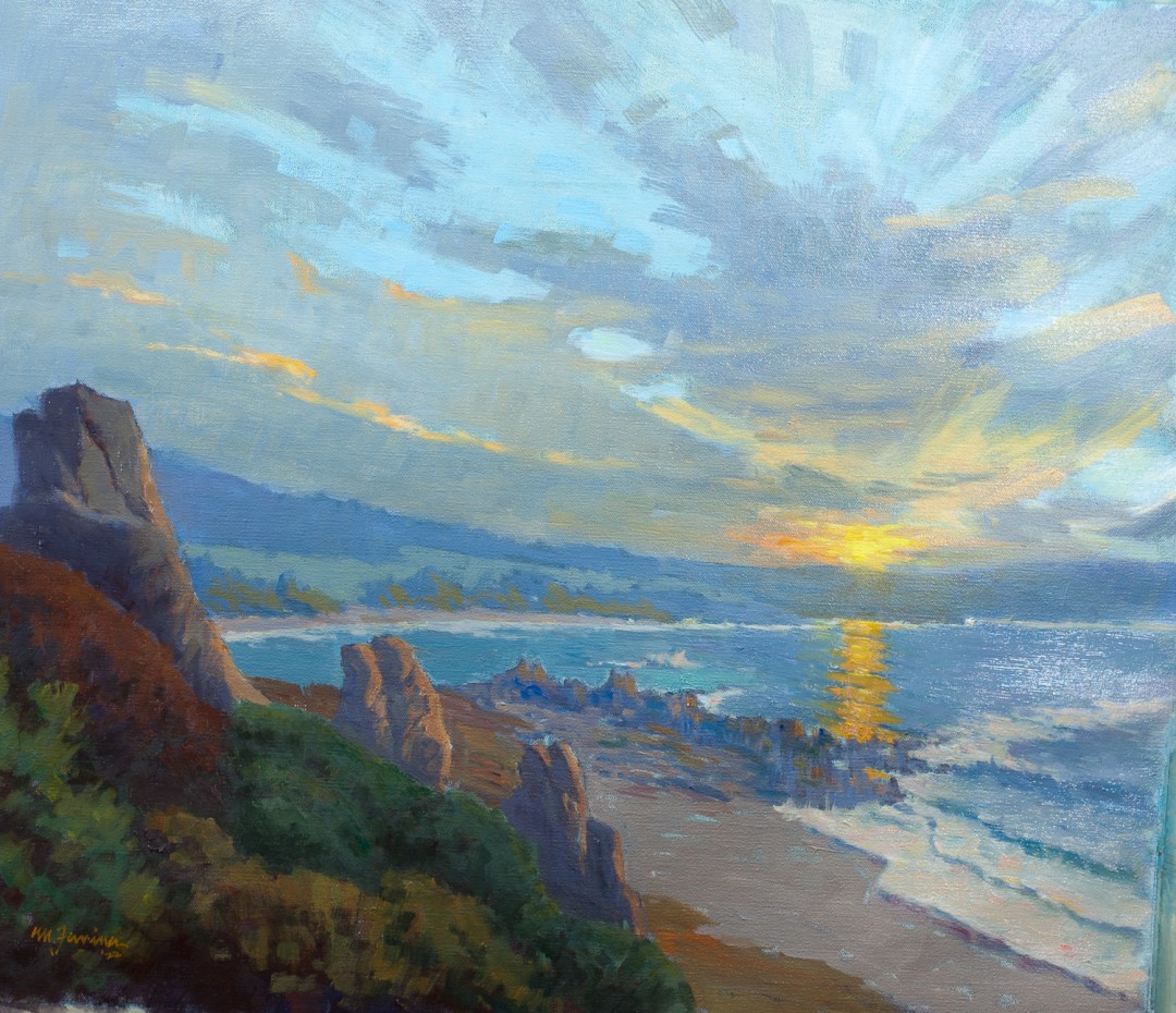 12th Annual PleinAir Salon Art Competition Annual Awards Semi-Finalist Mark Farina Sunset Over Monastery Beach-Carmel Sunset Beachscape Oil Painting