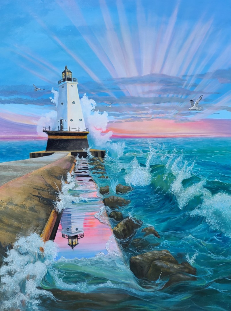 12th Annual PleinAir Salon Art Competition Annual Awards Semi-Finalist Kay Fox Peacefulness Sunrise Lighthouse Oil Painting