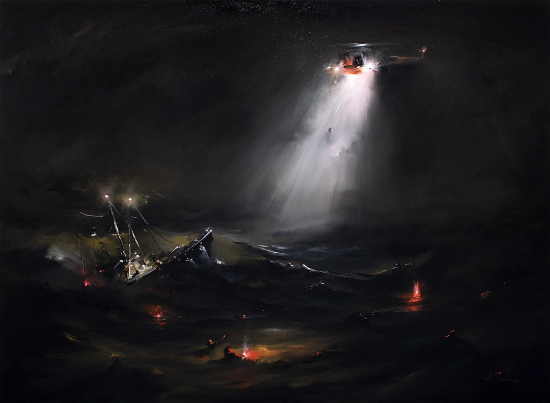 12th Annual PleinAir Salon Art Competition Annual Awards Semi-Finalist Bozhena Fuchs So Others May Live Nocturne Sea Rescue Oil Painting Vehicle