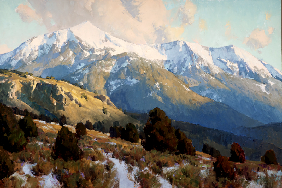 12th Annual PleinAir Salon Art Competition Annual Awards Semi-Finalist Kimball Geisler Winter's First Breath Snow topped Mountainscape Oil Painting