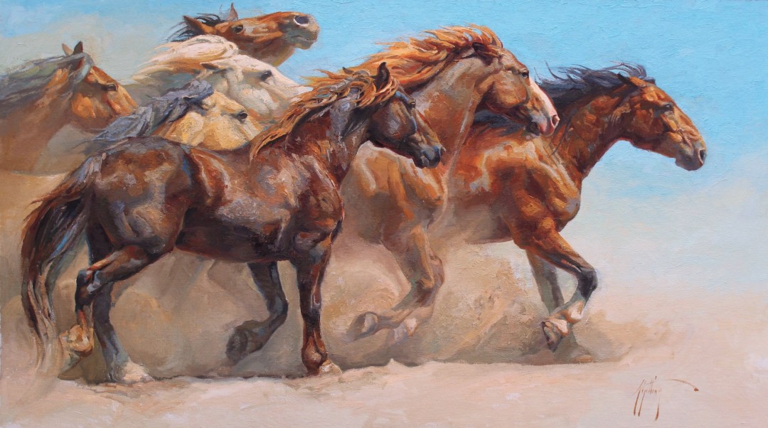 12th Annual PleinAir Salon Art Competition Annual Awards Semi-Finalist Abigail Gutting Rush Hour Oil Painting of Wild Horses Running