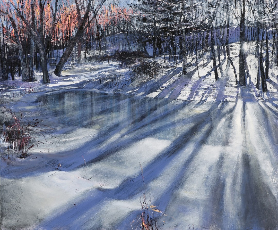 12th Annual PleinAir Salon Art Competition Annual Awards Semi-Finalist Phillip Harris Pond View at Dusk Winter Landscape Oil Painting