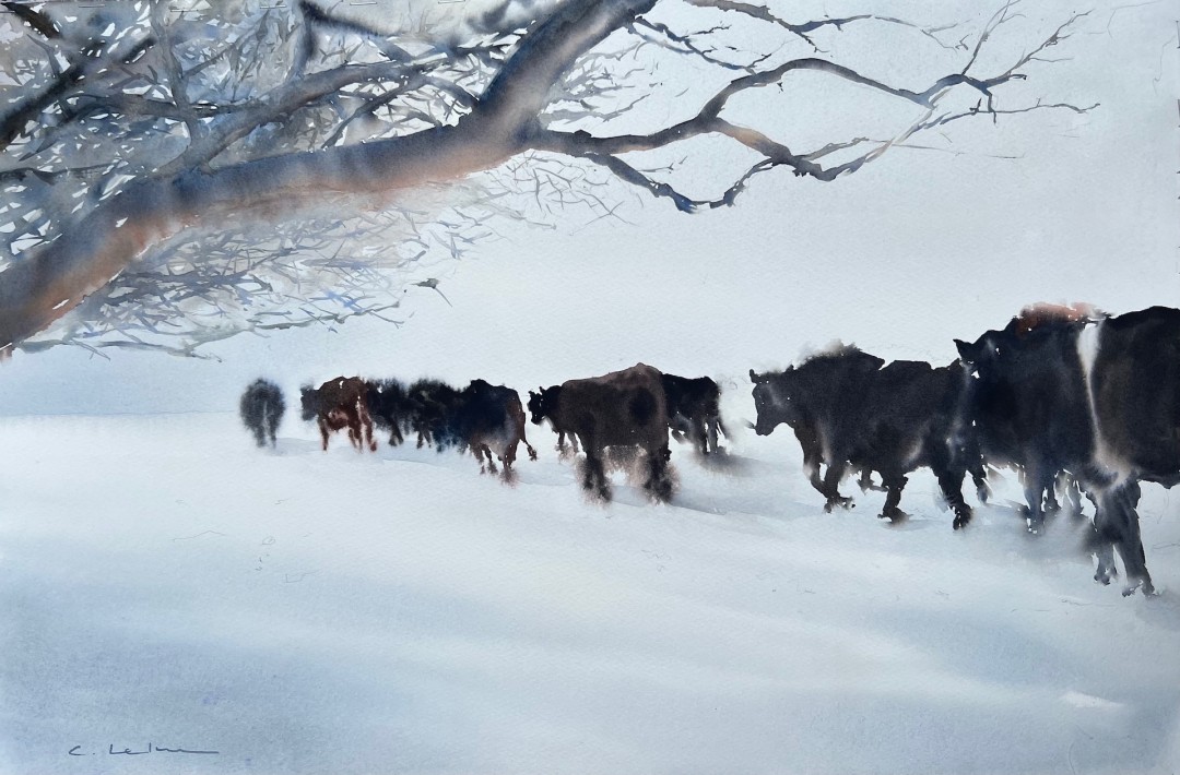 12th Annual PleinAir Salon Art Competition Annual Awards Semi-Finalist Caitlin Leline Hatch Brining the Cows Home Cows Walking Winter Landscape Watercolor Painting