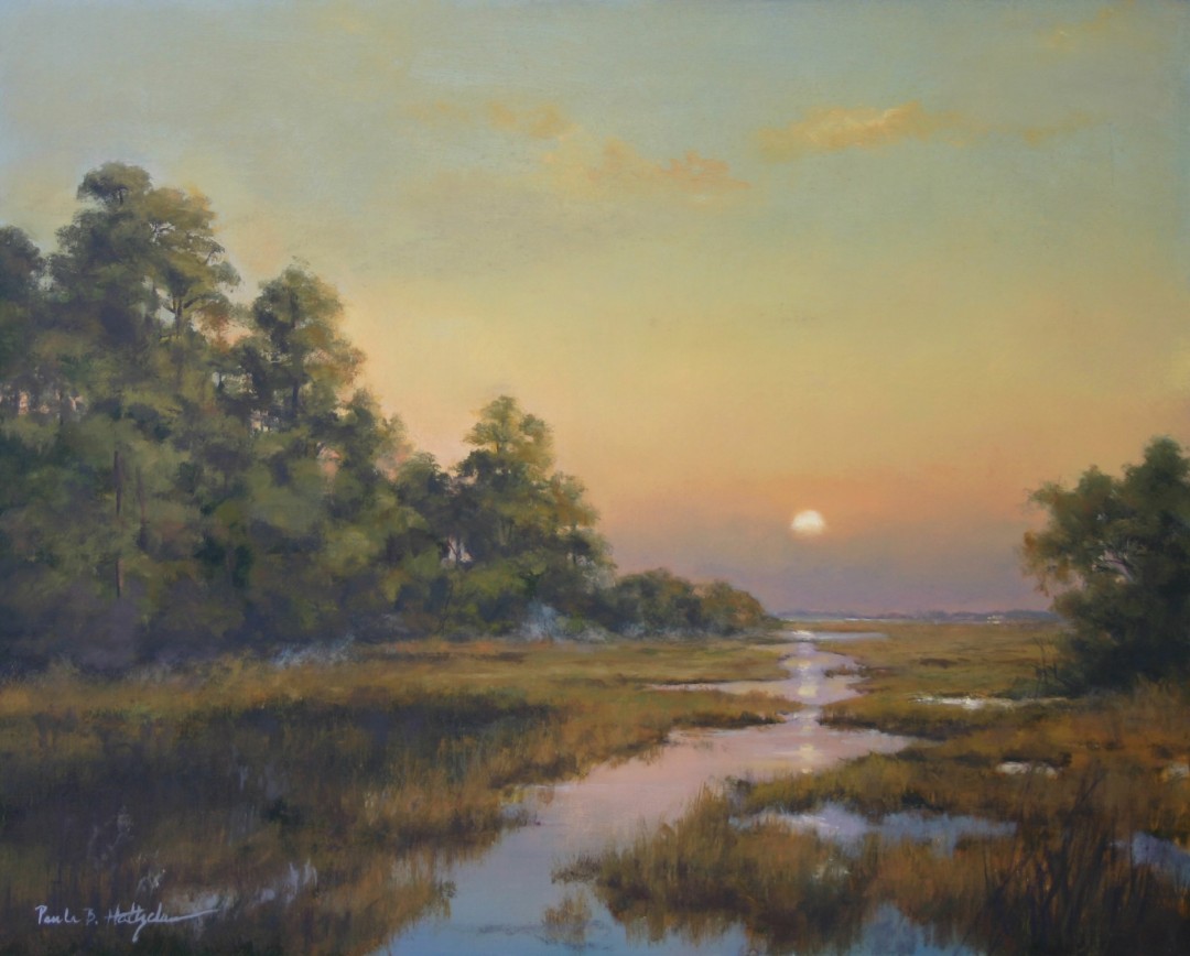 12th Annual PleinAir Salon Art Competition Annual Awards Semi-Finalist Paula Holtzclaw Come September Sunset Waterscape Oil Painting