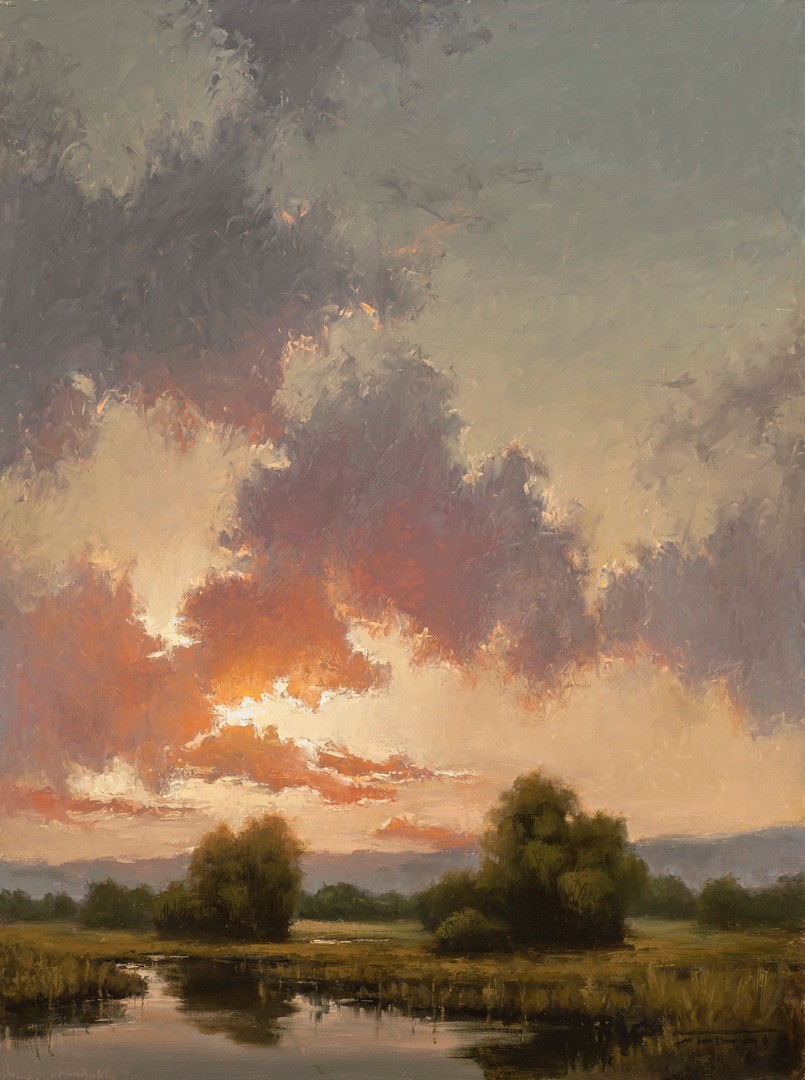 12th Annual PleinAir Salon Art Competition Annual Awards Semi-Finalist Jane Hunt Looking West Sunset Cloudscape Oil Painting