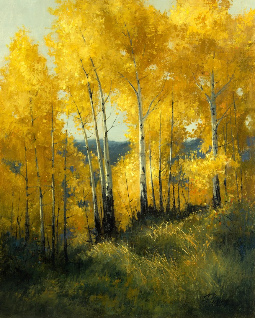 12th Annual PleinAir Salon Art Competition Annual Awards Semi-Finalist Peggy Immel October Glory Golden Aspen Sunset Landscape Oil Painting