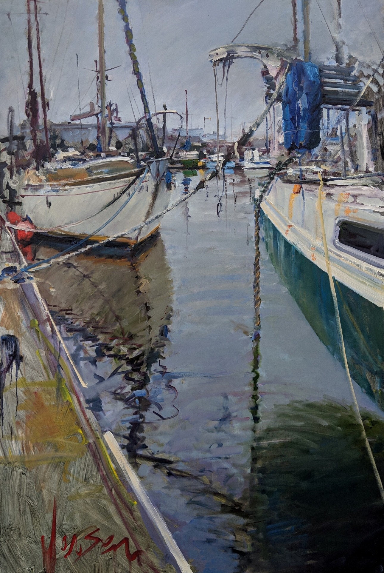 12th Annual PleinAir Salon Art Competition Annual Awards Semi-Finalist Ryan Jensen The Sound of the Marina Boats in Harbor Oil Painting