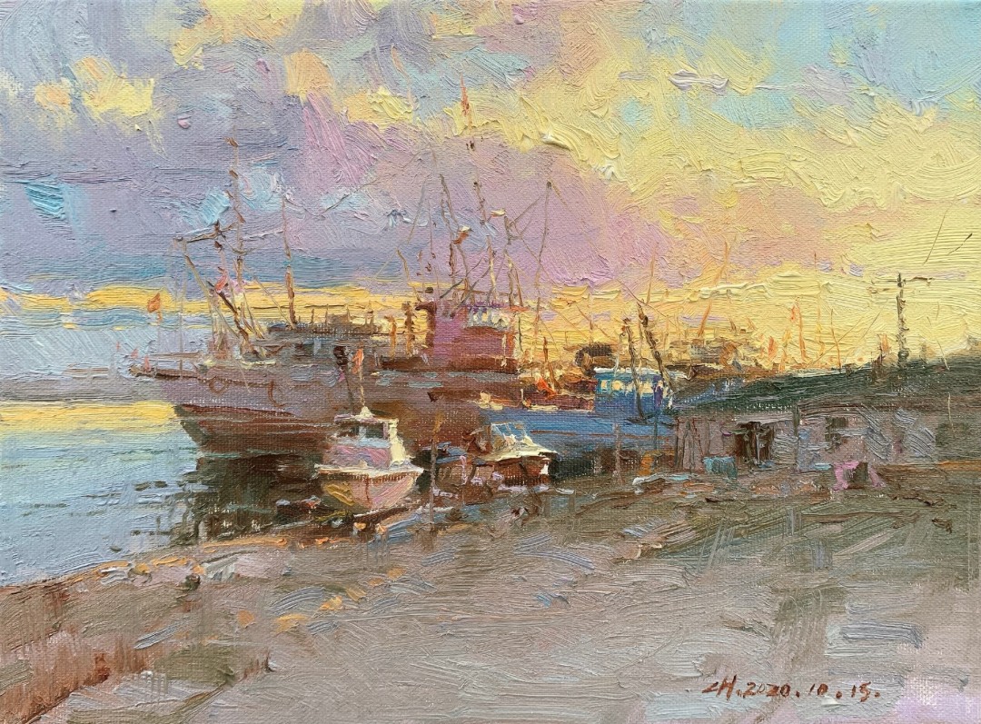 12th Annual PleinAir Salon Art Competition Annual Awards Semi-Finalist Hui Li Evening Wind of Fishing Port Boat Landscape Painting