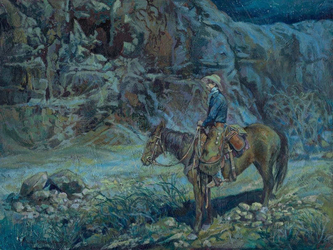 12th Annual PleinAir Salon Art Competition Annual Awards Semi-Finalist Vickie McMillan-Hayes Night Watch Western Cowboy Nocturne Landscape Acrylic Painting