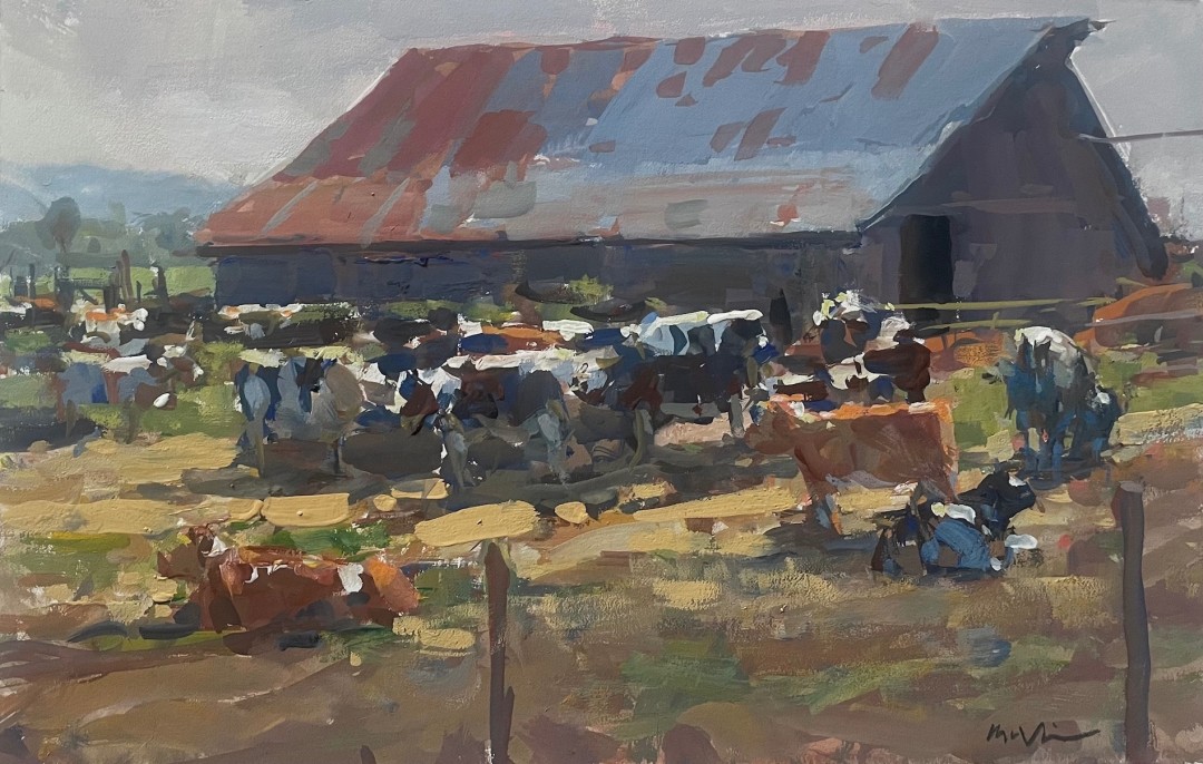 12th Annual PleinAir Salon Art Competition Annual Awards Semi-Finalist Jim McVicker At the Trough Cows and Barn Landscape Gouache Painting