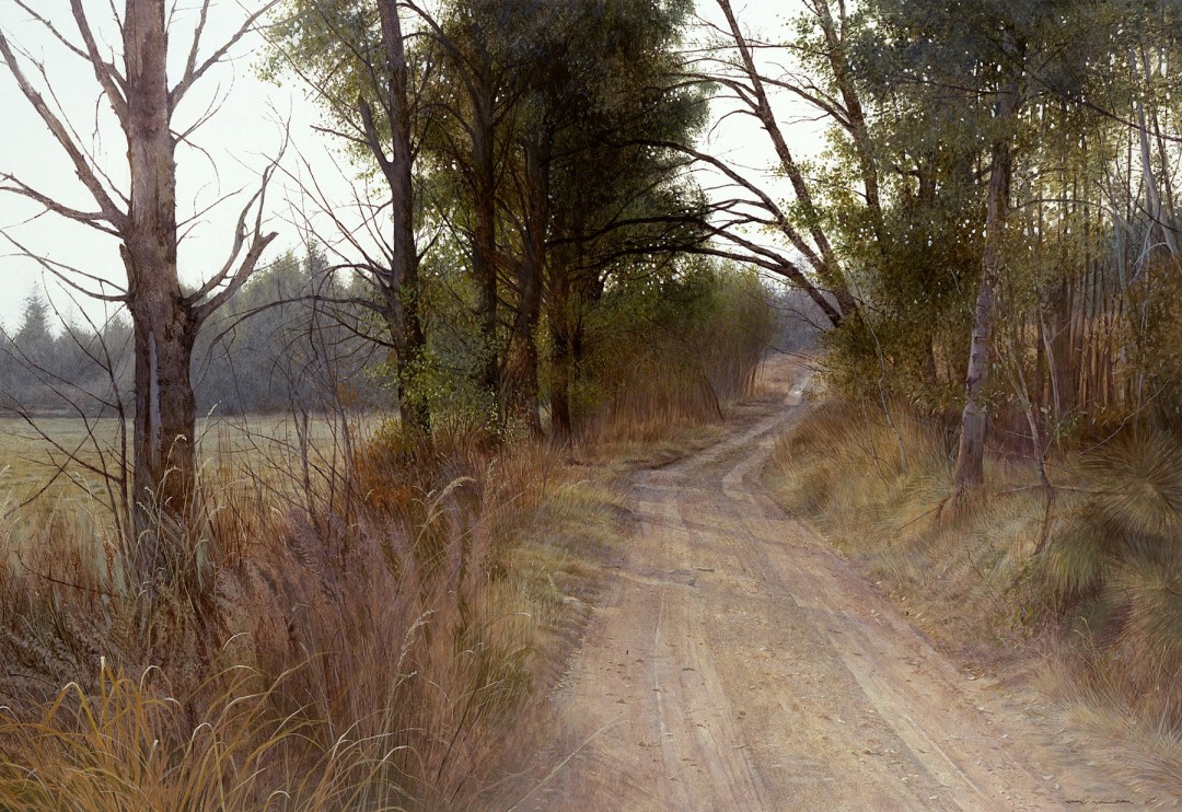 12th Annual PleinAir Salon Art Competition Annual Awards Semi-Finalist Stan Miller September Shadows Realistic Dirt Road Woods Landscape Mixed Media Painting