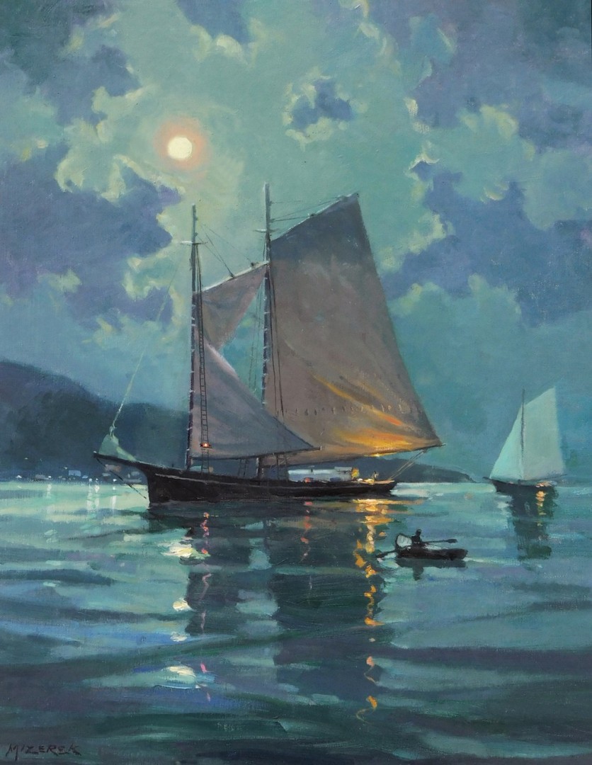 12th Annual PleinAir Salon Art Competition Annual Awards Semi-Finalist Leonard Mizerek Moonlit Arrival Sailboat Nocturne Oil Painting