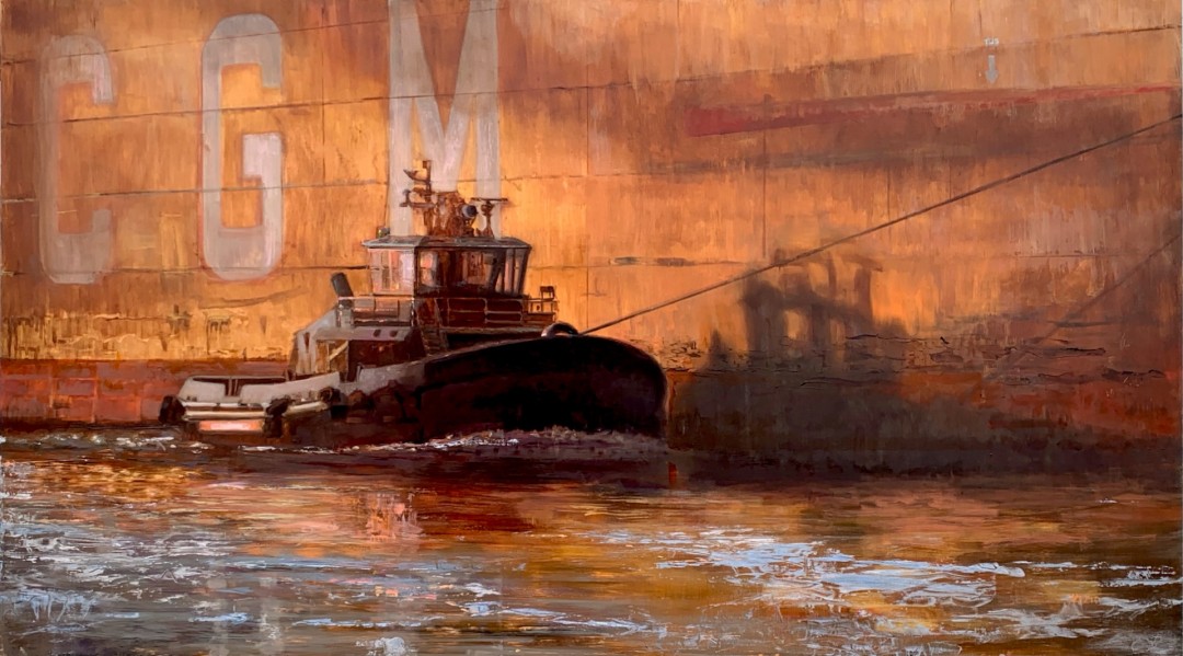 12th Annual PleinAir Salon Art Competition Annual Awards Semi-Finalist Donna Nyzio Rollin Down the River Tugboat Waterscape Oil Painting