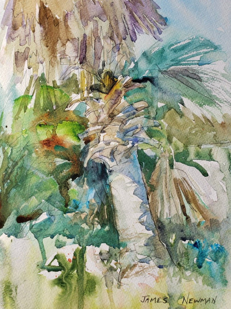 12th Annual PleinAir Salon Art Competition Annual Awards Semi-Finalist James Newman Palm Trunk in the Sun Plein Air Watercolor Painting of Palm Tree