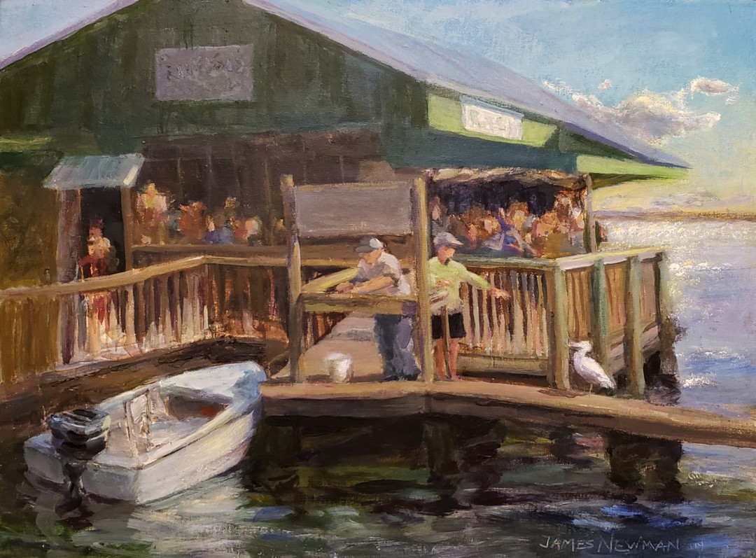 12th Annual PleinAir Salon Art Competition Annual Awards Semi-Finalist James Newman Happy Hour at the Riverside Restaurant at Dock waterscape Acrylic painting