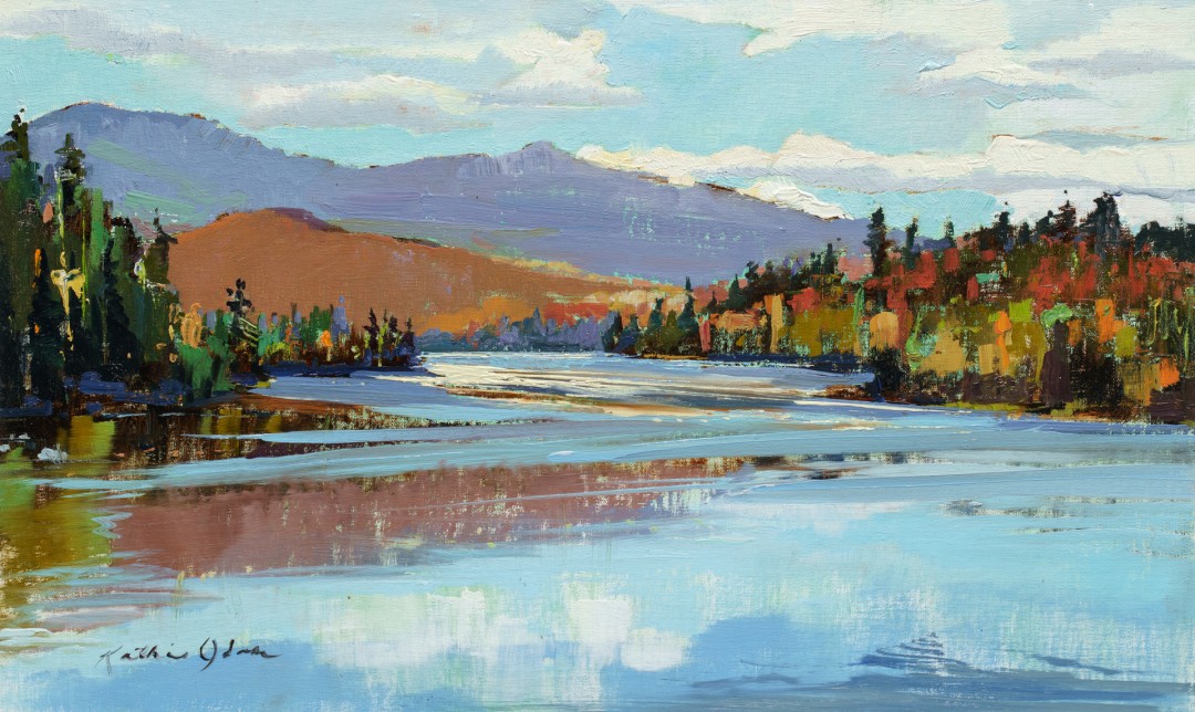 12th Annual PleinAir Salon Art Competition Annual Awards Semi-Finalist Kathie Odom Daybreak Landscape with Mountain fall trees and river Oil Painting