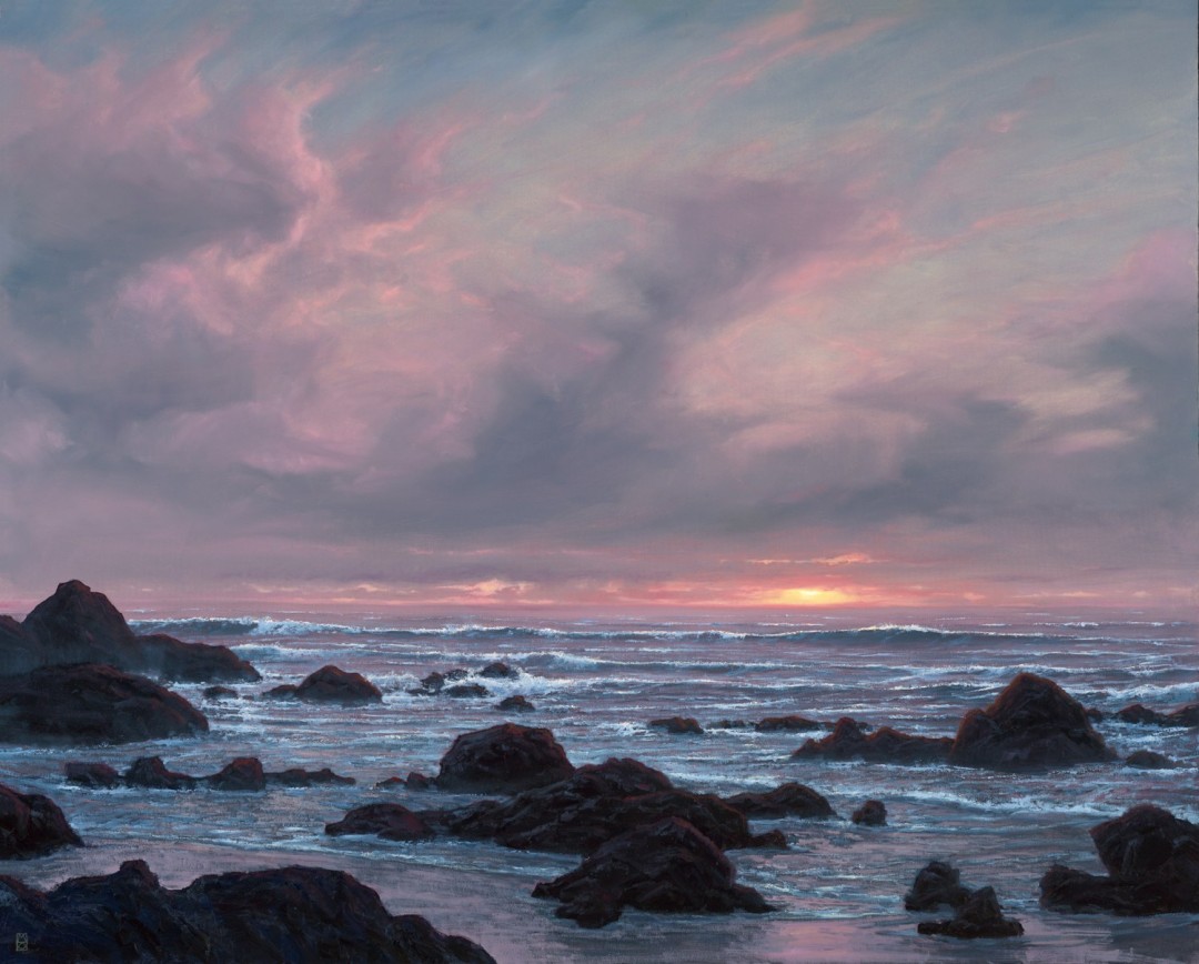 12th Annual PleinAir Salon Art Competition Annual Awards Semi-Finalist Michael Orwick It Comes In Waves Sunset Seascape Oil Painting