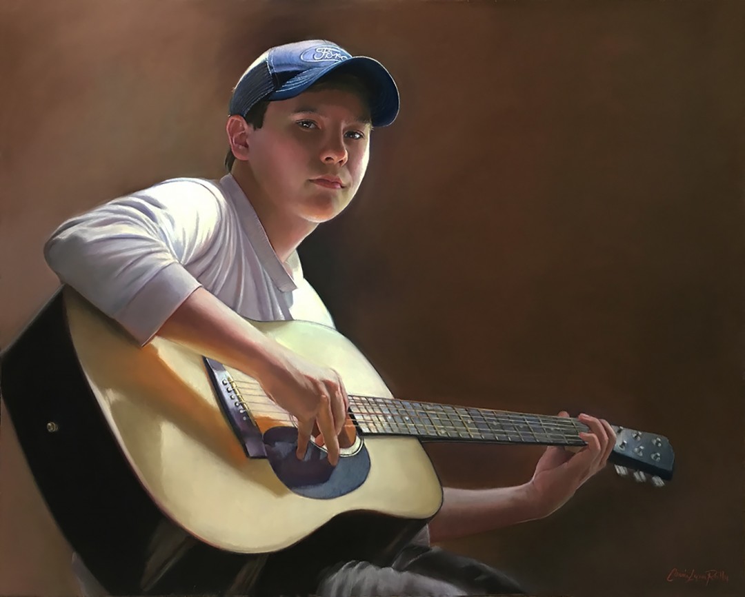 12th Annual PleinAir Salon Art Competition Annual Awards Semi-Finalist Connie Reilly Melody Boy Playing Guitar Figure Pastel Painting