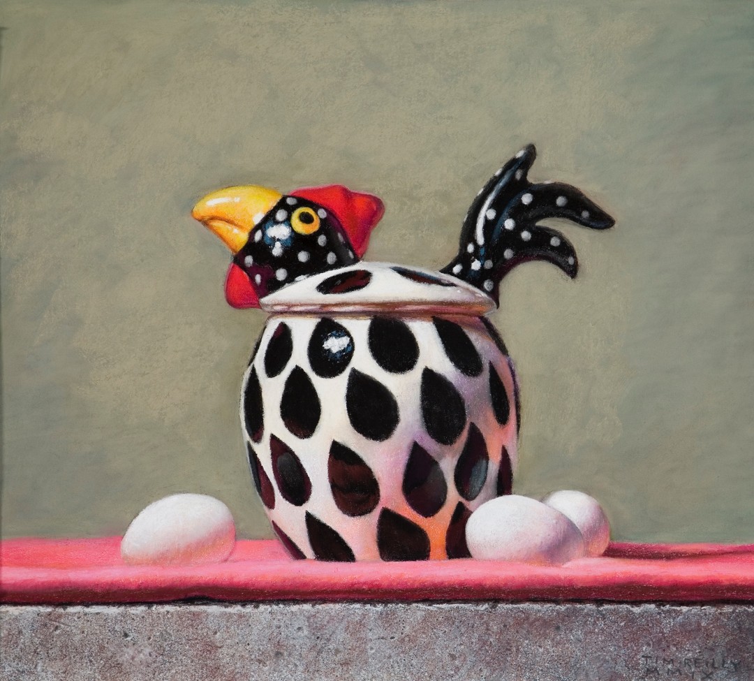 12th Annual PleinAir Salon Art Competition Annual Awards Semi-Finalist Tim Reilly Wanda the Wonder Chicken Still Life Pastel Painting Chicken Jar with Eggs