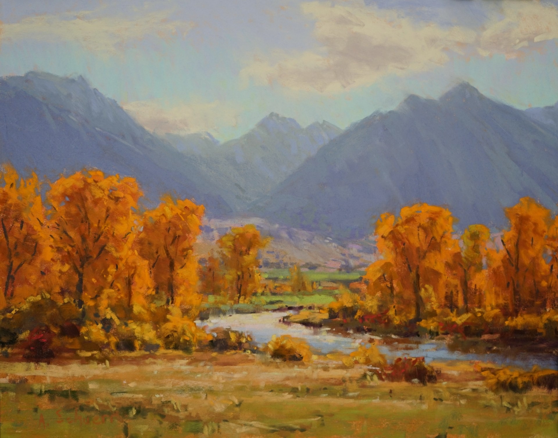 12th Annual PleinAir Salon Art Competition Annual Awards Semi-Finalist Aaron Schuerr Into The Valley Fall Landscape Painting with Mountains Pastel
