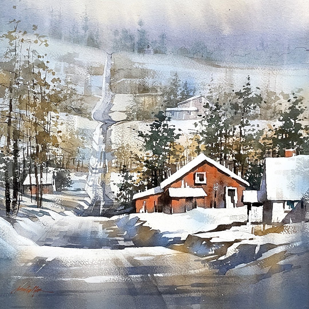12th Annual PleinAir Salon Art Competition Annual Awards Semi-Finalist Thomas W Schaller Red Barn Winter Landscape Watercolor Painting