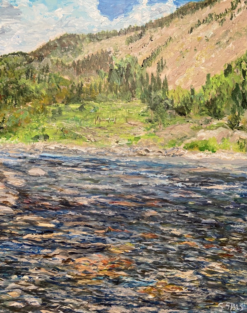 12th Annual PleinAir Salon Art Competition Annual Awards Semi-Finalist Sabra Slais Peaceful Colorado River and Mountain Landscape Acrylic Painting