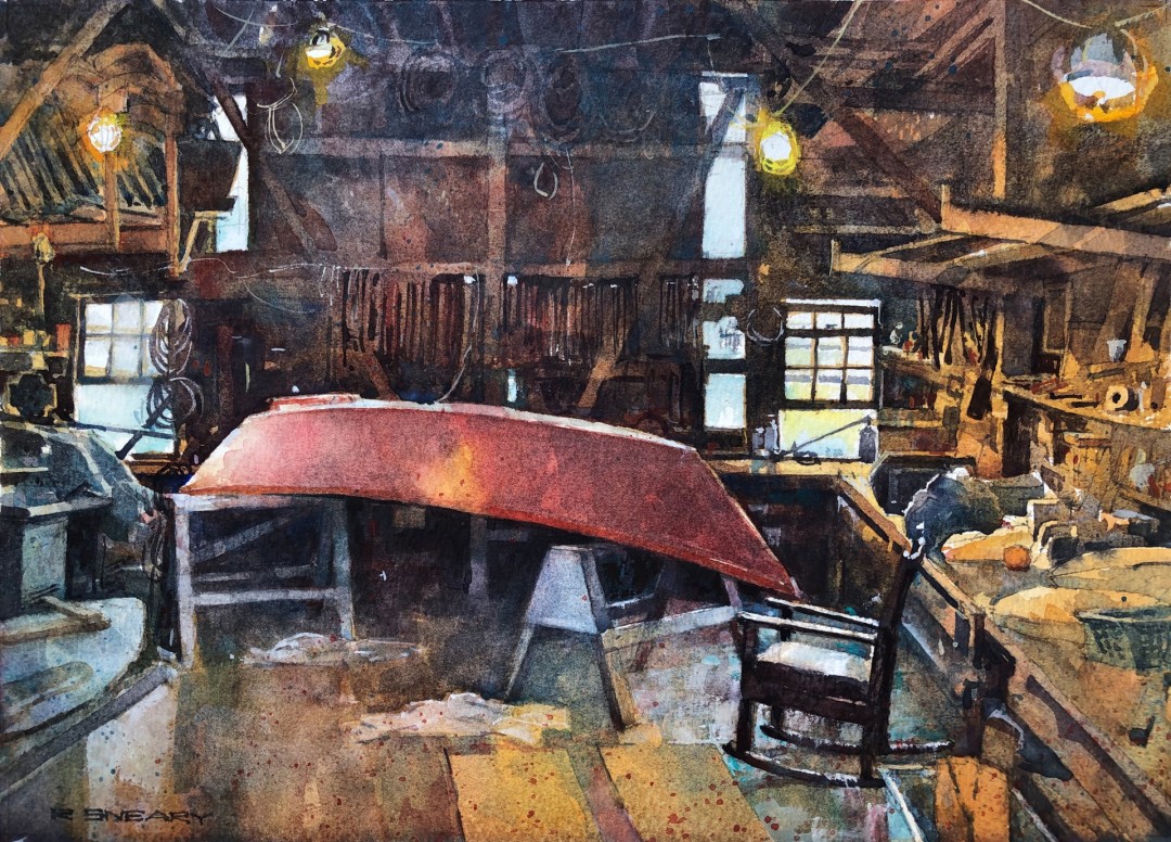 12th Annual PleinAir Salon Art Competition Annual Awards Semi-Finalist Richard Sneary Red Dory Boat Inside Workshop Watercolor Painting