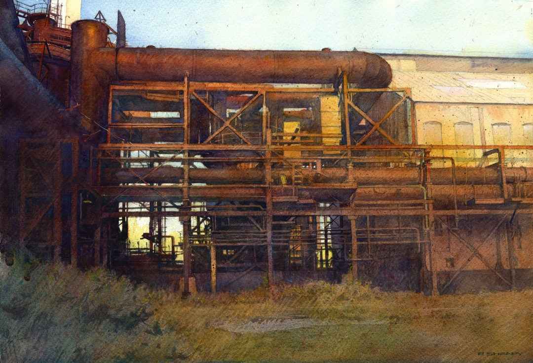 12th Annual PleinAir Salon Art Competition Annual Awards Semi-Finalist Richard Sneary Carrie Furnace #6 Building in Landscape Watercolor Painting