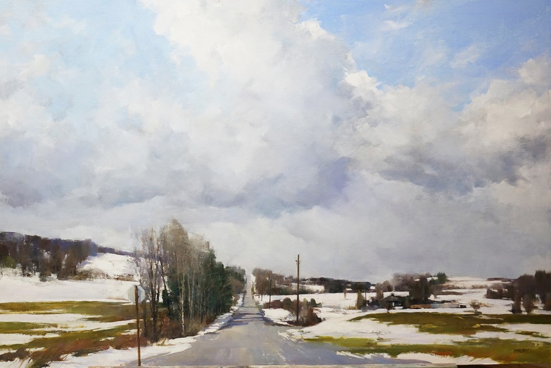 12th Annual PleinAir Salon Art Competition Annual Awards Semi-Finalist Deborah Tilby A Long Prairie Road Clouds Landscape Oil Painting